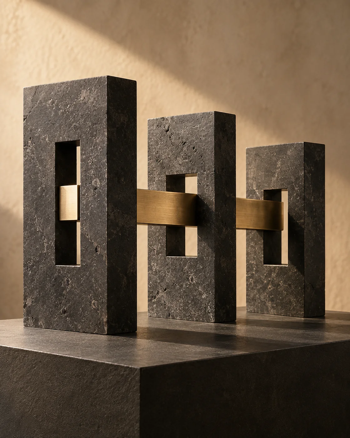 A brass bridge connects three dark stone structures—an editorial study of connected systems.